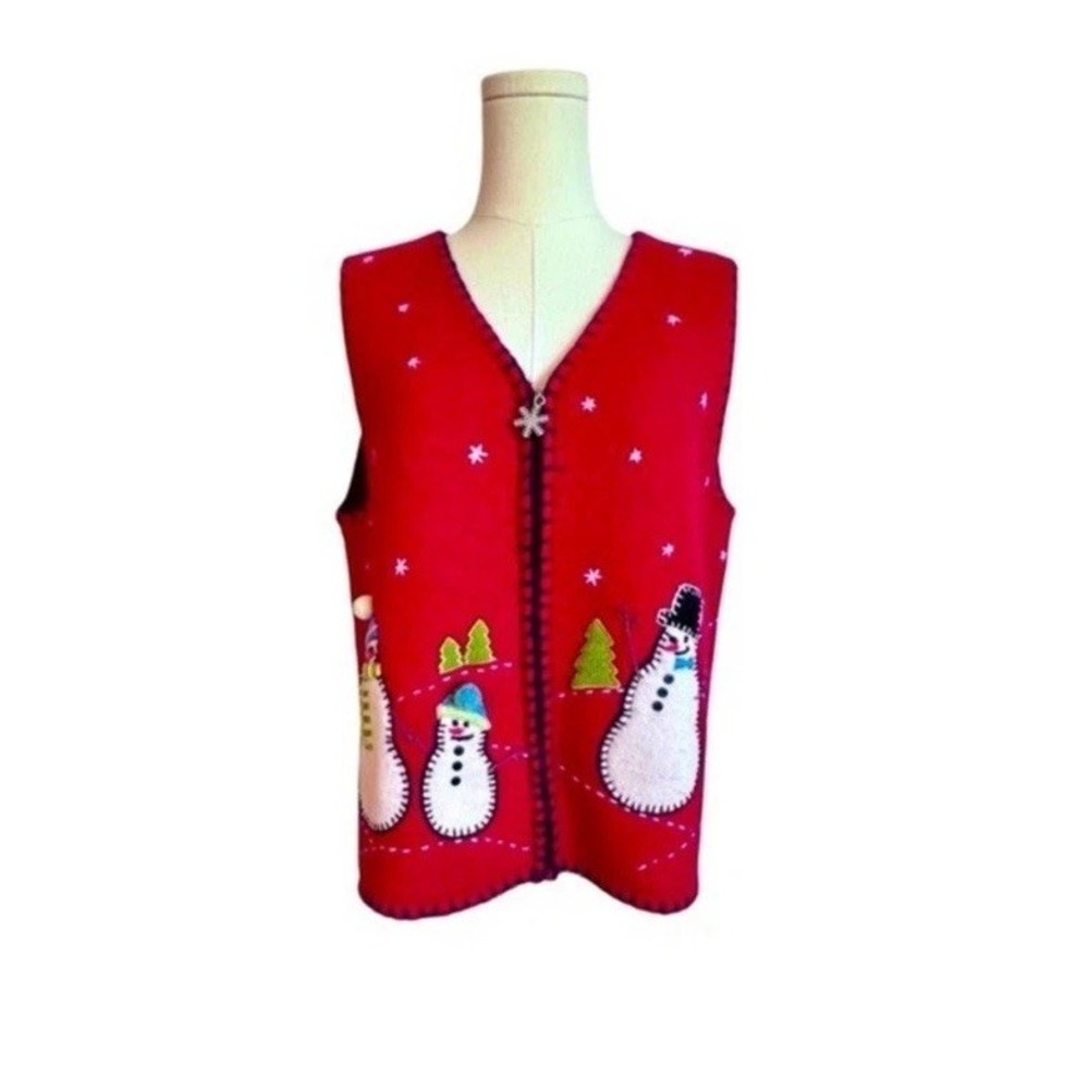 Coldwater Creek 100% Wool Red Snowman Appliqué Zip Sweater Vest Women's Medium